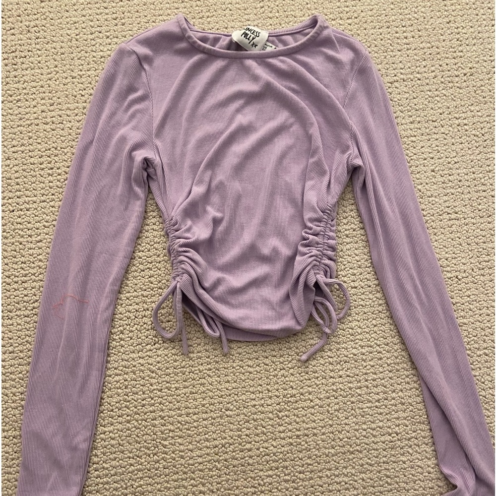 Princess Polly: purple ruched cropped ribbed shirt